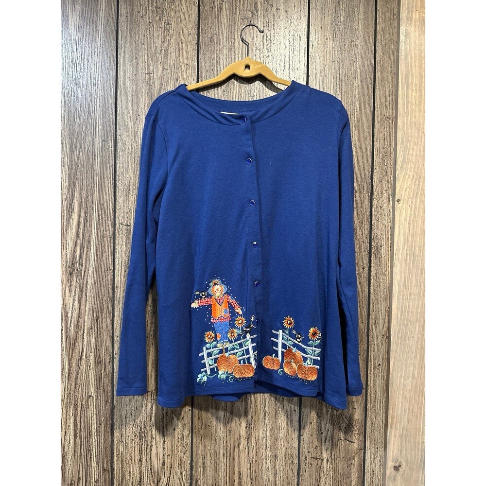 Quacker Factory Snap Button Front Knit Cardigan with Fall Motif